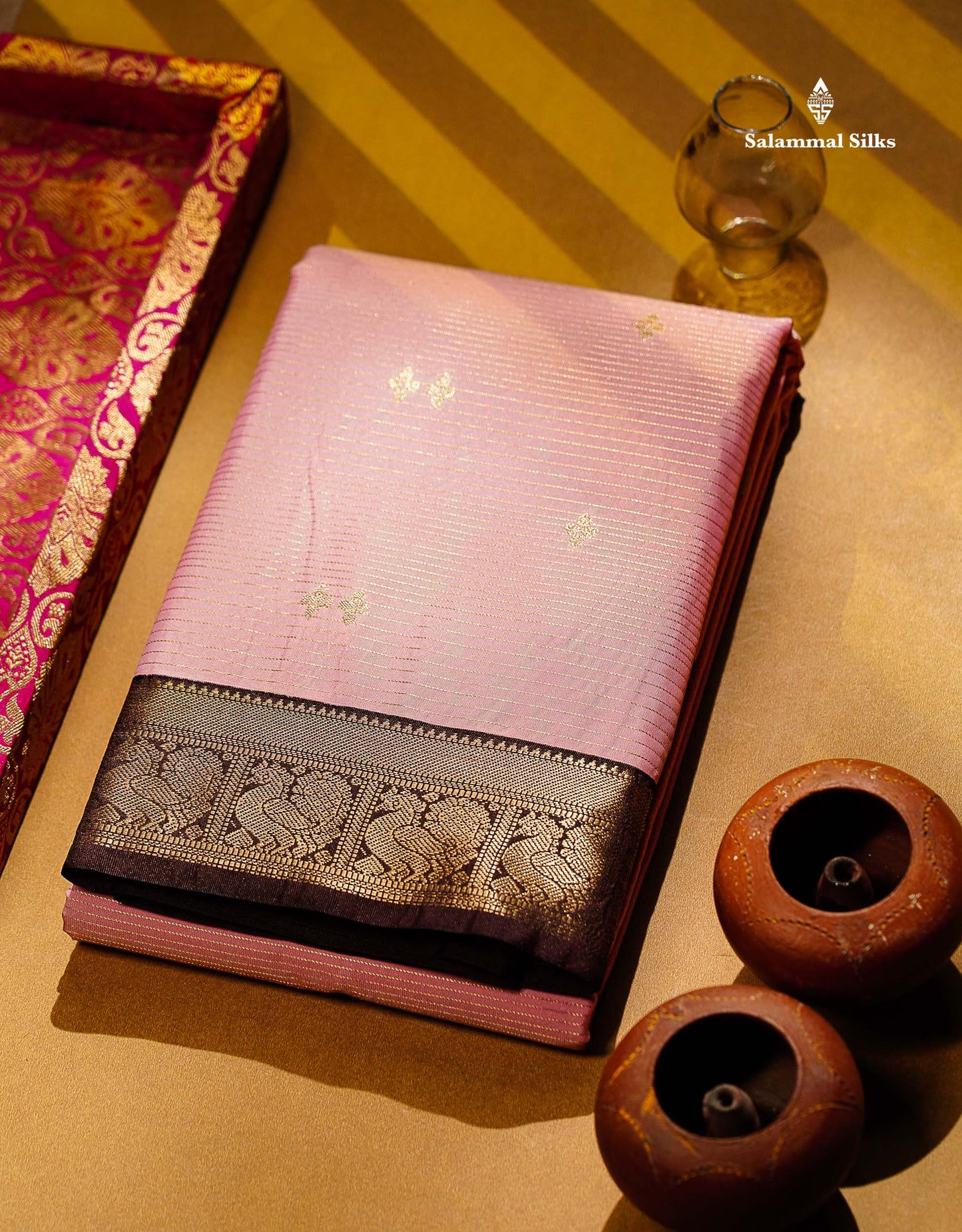 Semi Silk Saree - Light Pink Butta With Vaira Oosi Lines Along With Contrast Dark Brown Traditional Small Border