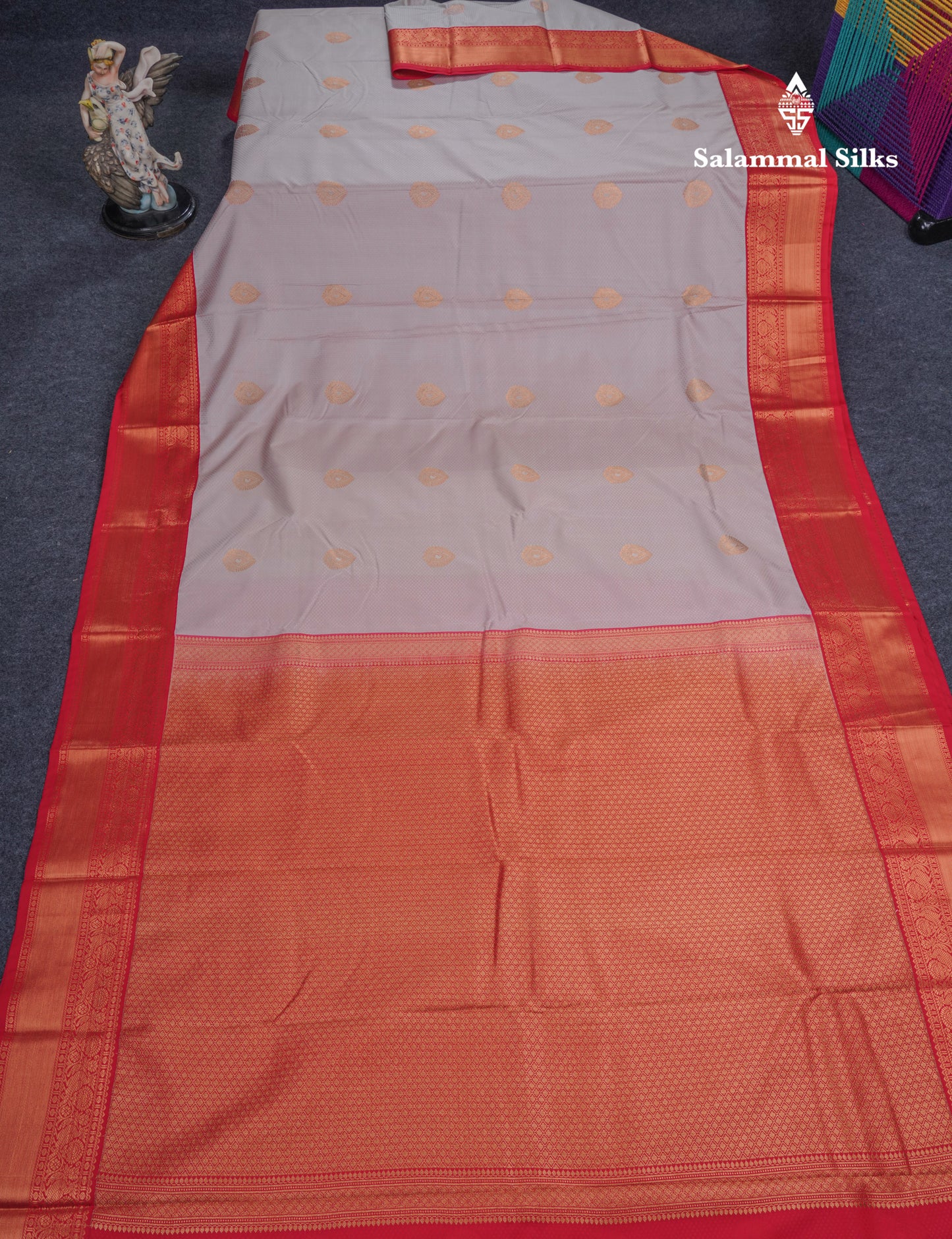 Light Grey Beautiful Semi Silk Saree With Contrast Red Border