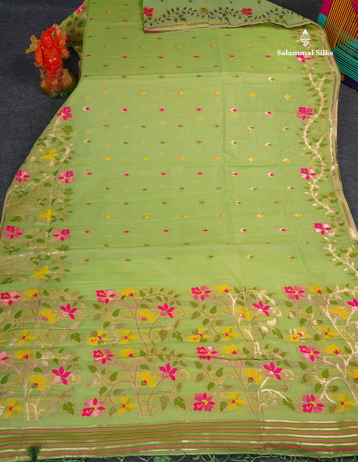 Cotton Mix Saree - Light Green Colour Body Meenakari Work With Fancy Border