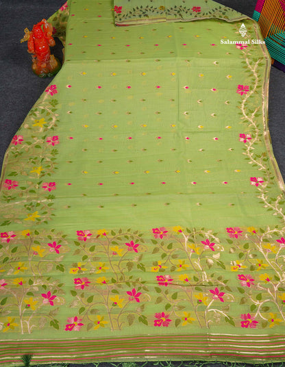 Cotton Mix Saree - Light Green Colour Body Meenakari Work With Fancy Border