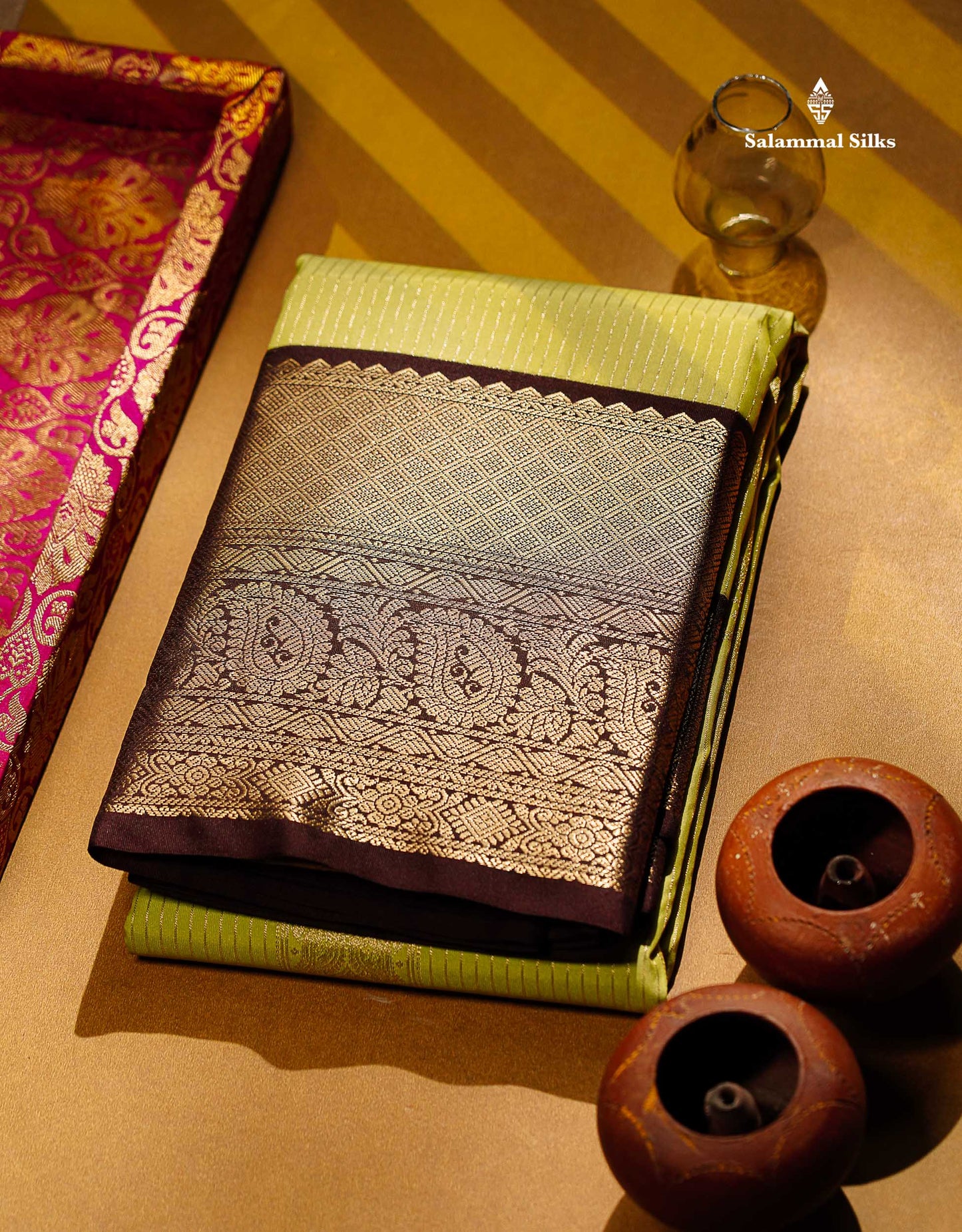 Semi Silk Saree - Yellow Butta With Lines Along With Contrast Redish Pink Traditional Evening Morning Border