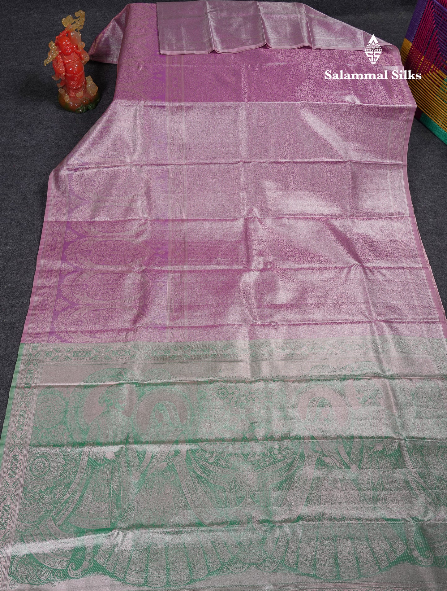 Beautiful Lavender Tissue Semi Silk Saree With Contrast Light Green Blouse