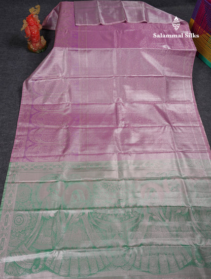 Beautiful Lavender Tissue Semi Silk Saree With Contrast Light Green Blouse