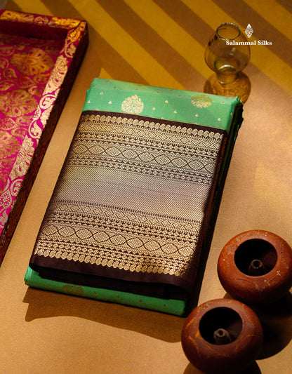 Semi Silk Saree - Peach Zari Butta Along With Contrast Dark Brown Traditional Evening Morning Border