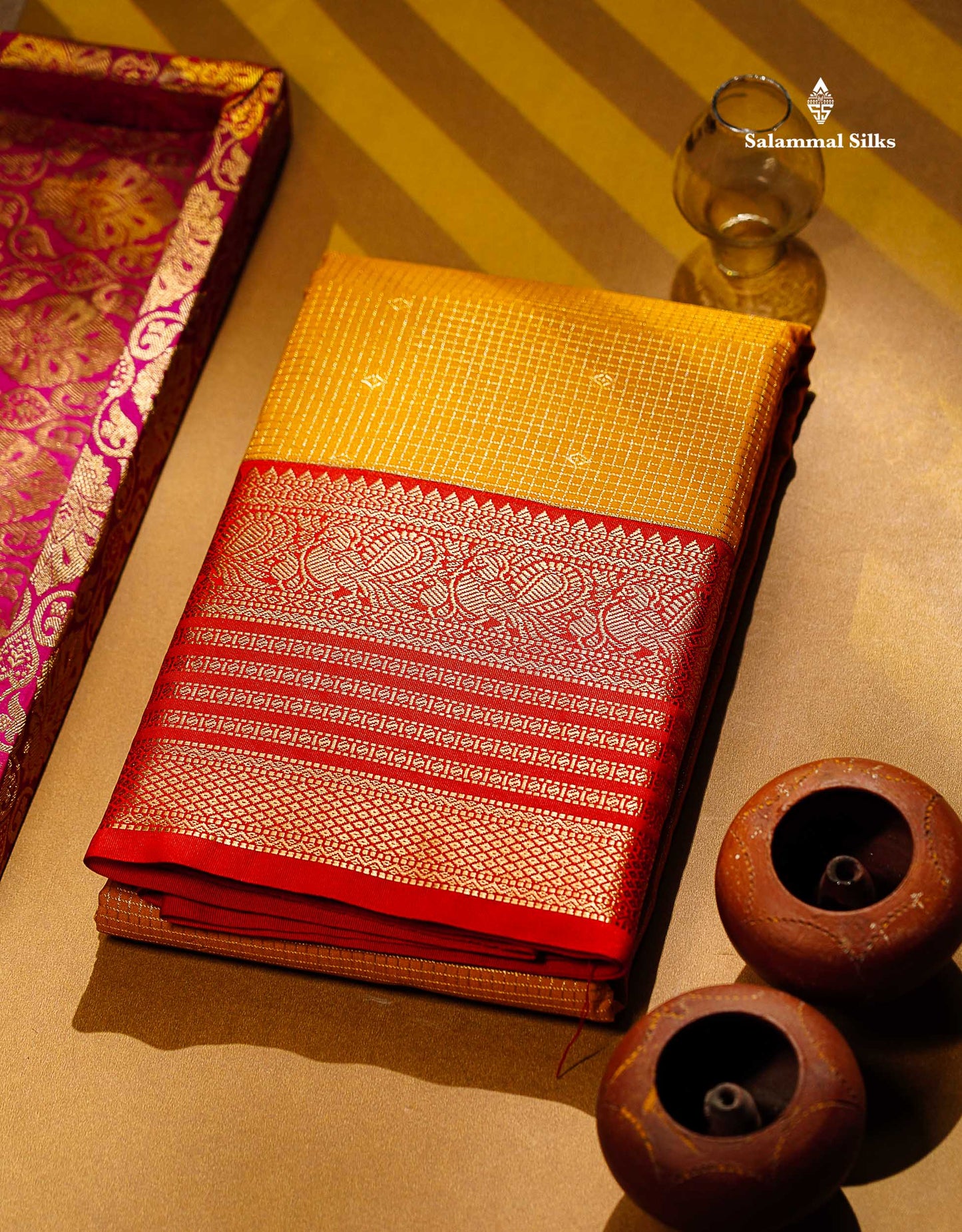 Semi Silk Saree - Mustard Yellow Butta With Small Checks Along With Contrast Red Traditional Border
