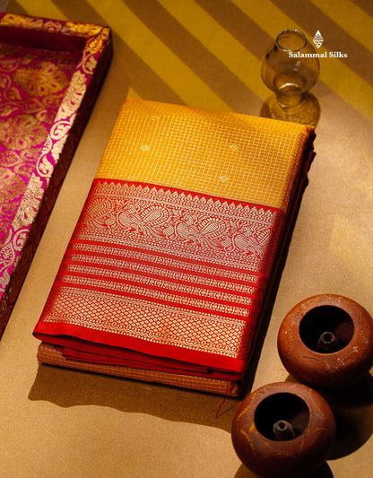 Semi Silk Saree - Mustard Yellow Butta With Small Checks Along With Contrast Red Traditional Border