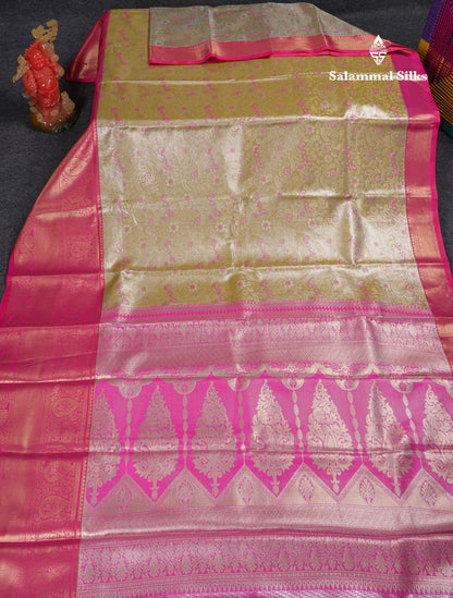 Beautiful Light Olive Green Tissue Semi Silk Saree With Contrast Pink Traditional Evening Morning Border