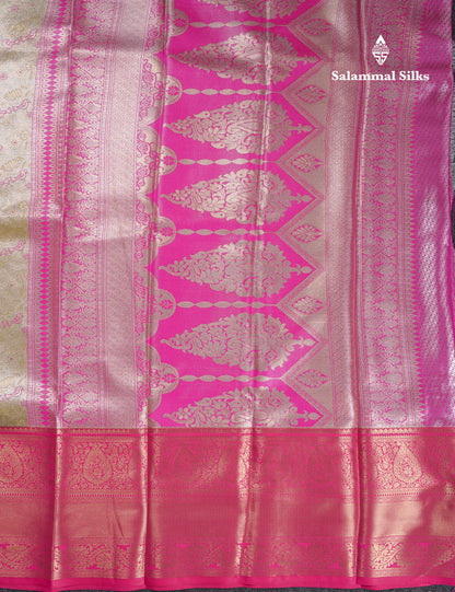 Beautiful Light Olive Green Tissue Semi Silk Saree With Contrast Pink Traditional Evening Morning Border
