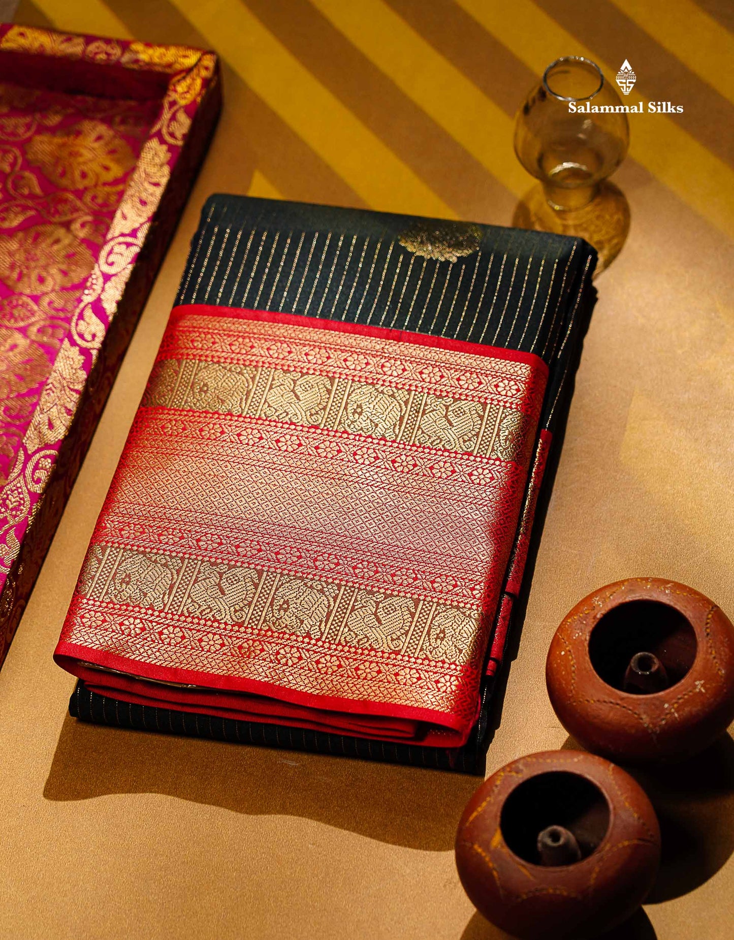 Semi Silk Saree -  Pista Green Zari Lines Butta With Contrast Redish Pink Traditional Evening Morning Border