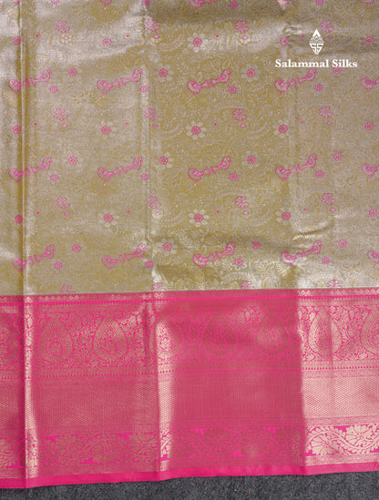 Beautiful Light Olive Green Tissue Semi Silk Saree With Contrast Pink Traditional Evening Morning Border