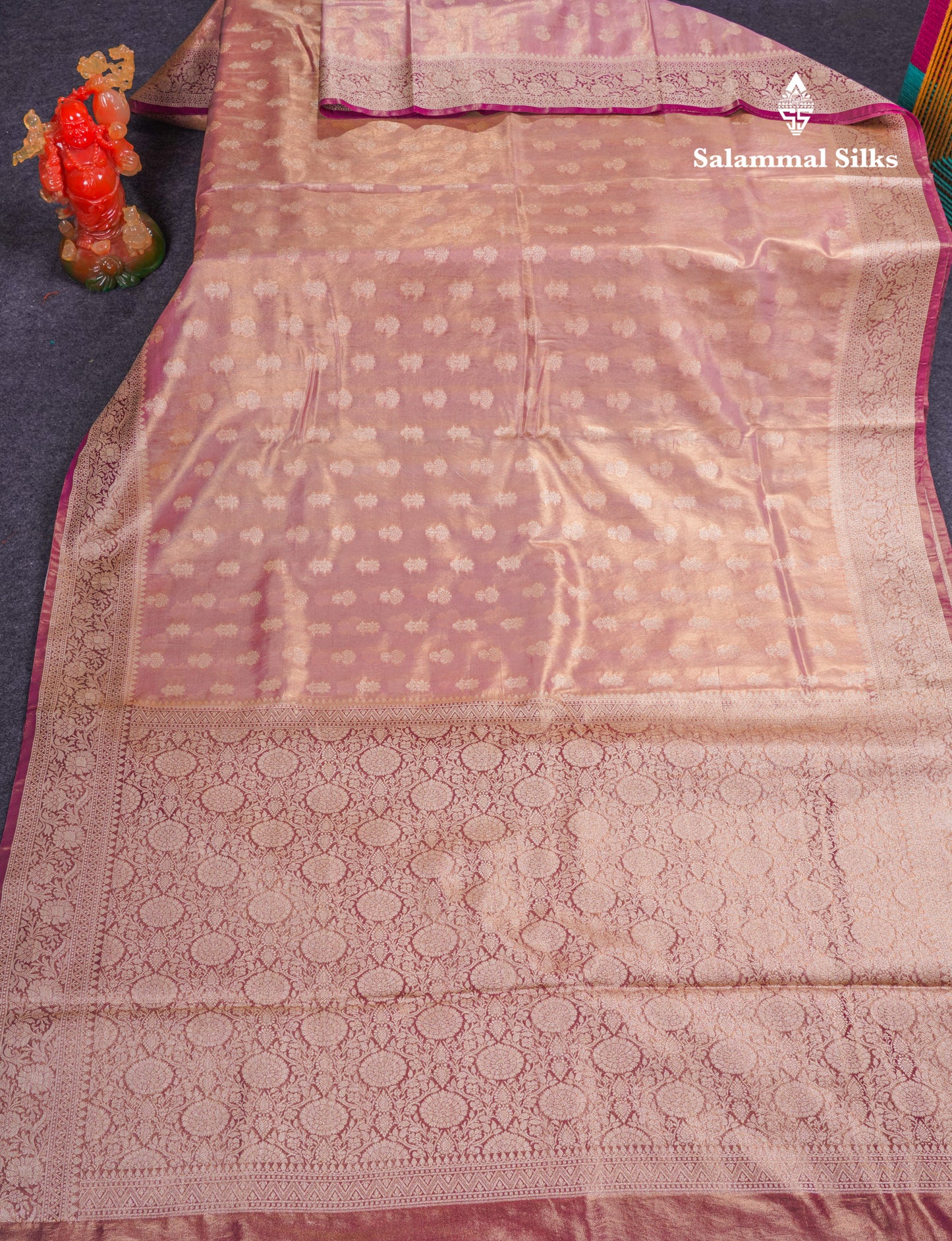 Beautiful Cream Pink Tissue Silk Mix Fancy Saree With Violet Border