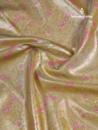 Beautiful Light Olive Green Tissue Semi Silk Saree With Contrast Pink Traditional Evening Morning Border