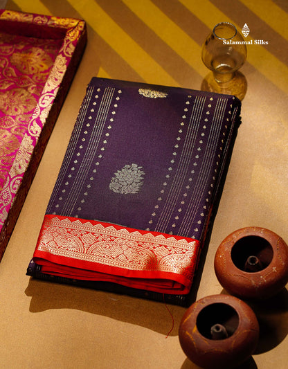 Semi Silk Saree - Violet Butta With Straip Lines Along With Contrast Red Traditional Small Border