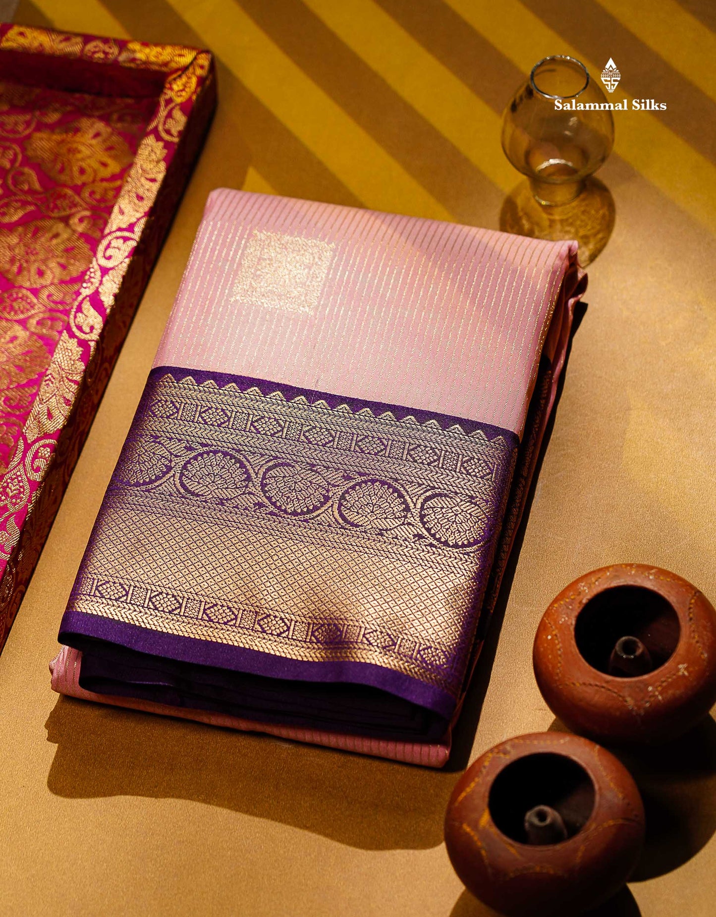 Semi Silk Saree - Baby Pink Butta With Lines Along With Contrast Dark Purple Traditional Border