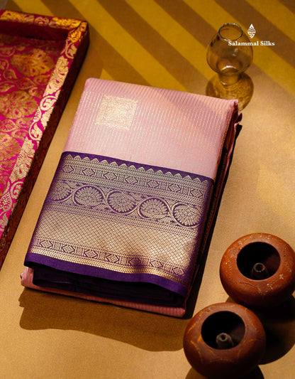 Semi Silk Saree - Baby Pink Butta With Lines Along With Contrast Dark Purple Traditional Border