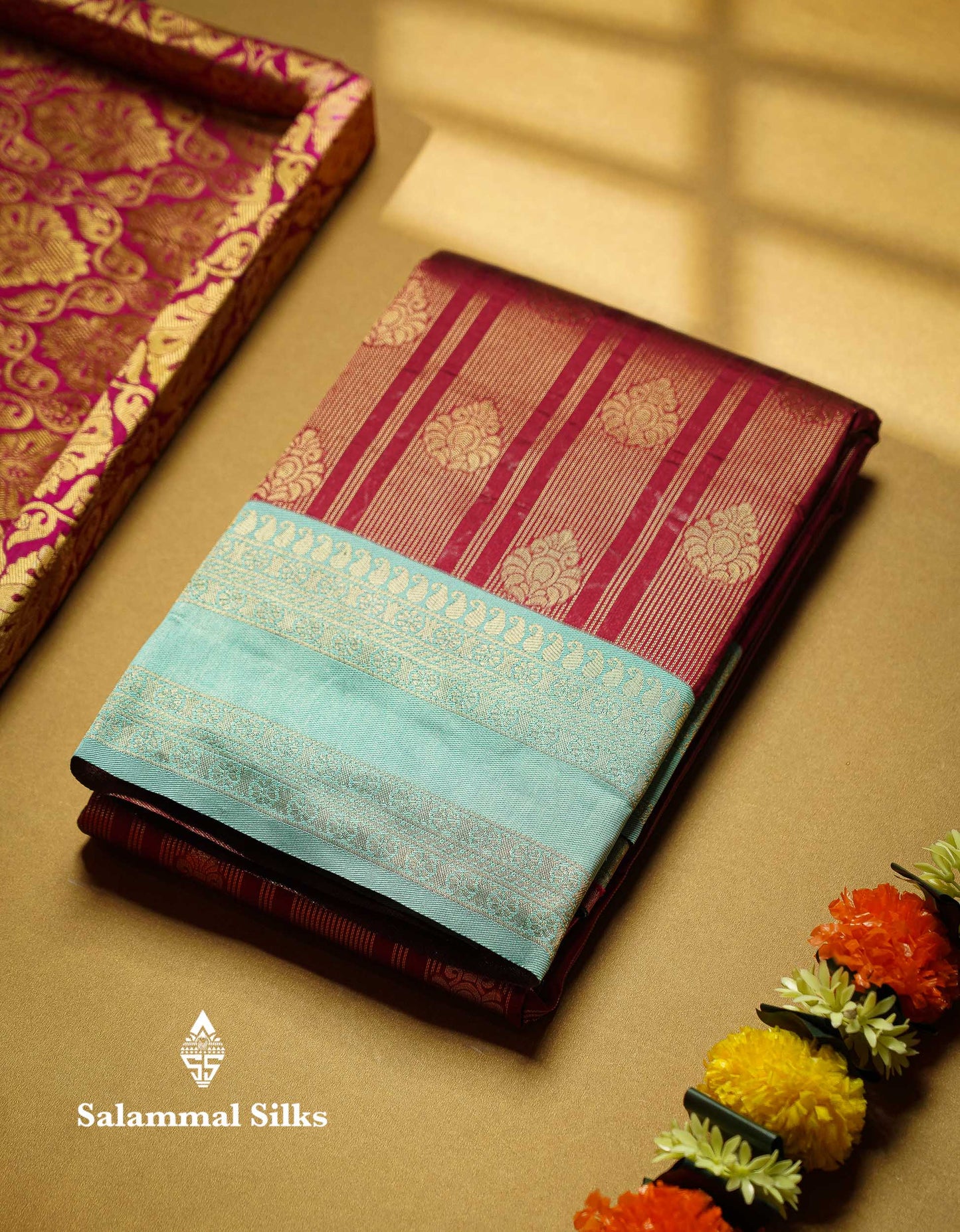 Beautiful Maroon Stripes And Buttas Semi Silk Saree With Tussar Colour Traditional Double Border
