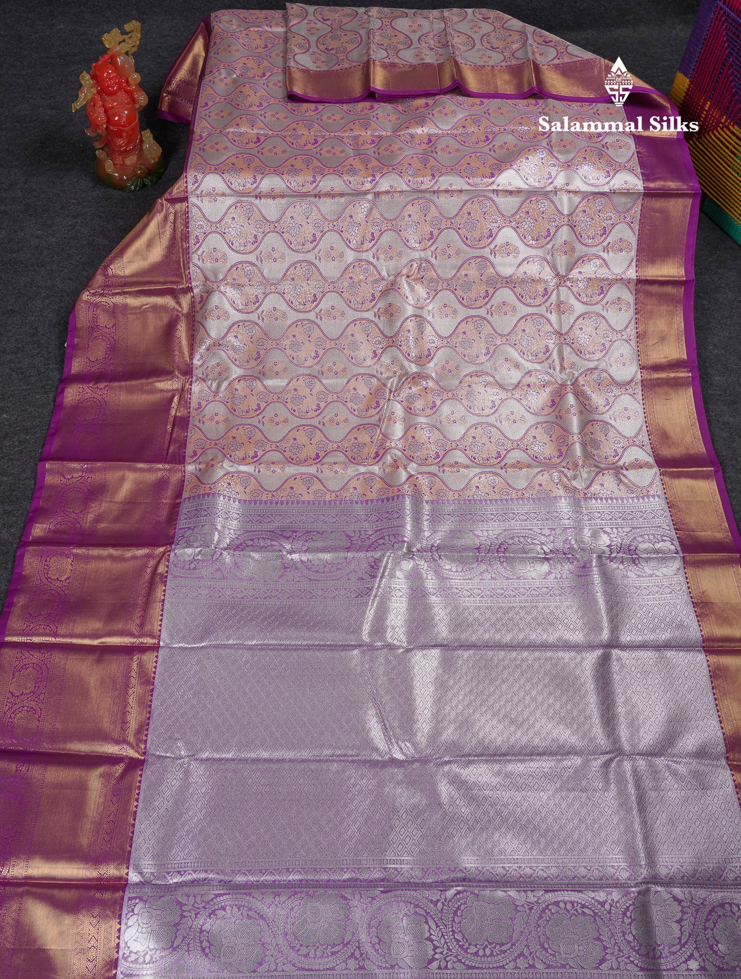 Beautiful Silver Tissue Menakari Work Bridal Semi Silk Saree With Contrast Dark Purple Traditional Evening Morning Border