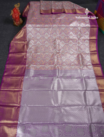 Beautiful Silver Tissue Menakari Work Bridal Semi Silk Saree With Contrast Dark Purple Traditional Evening Morning Border