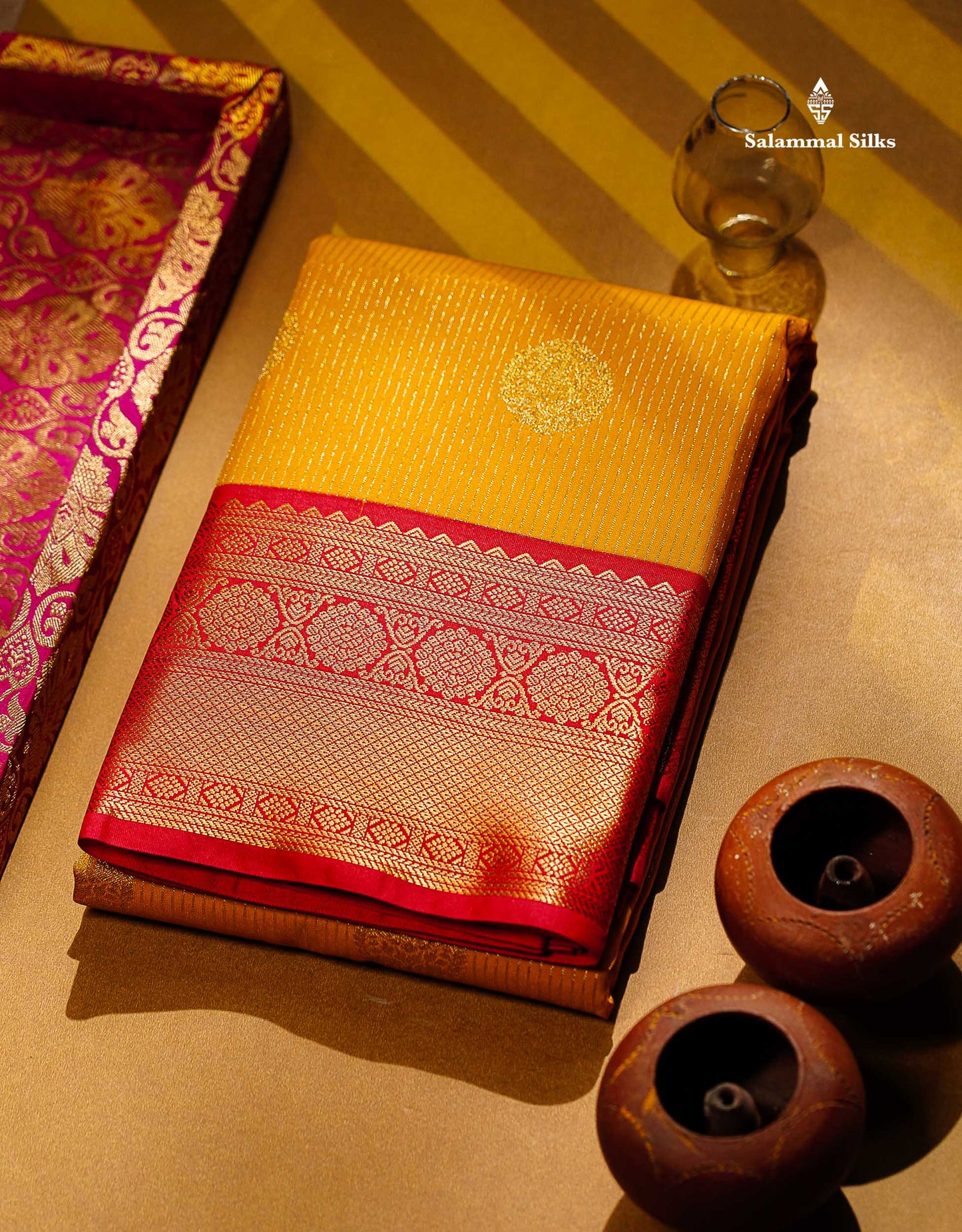 Semi Silk Saree - Mustard Yellow Butta With Lines Along With Contrast Redish Pink Traditional Border