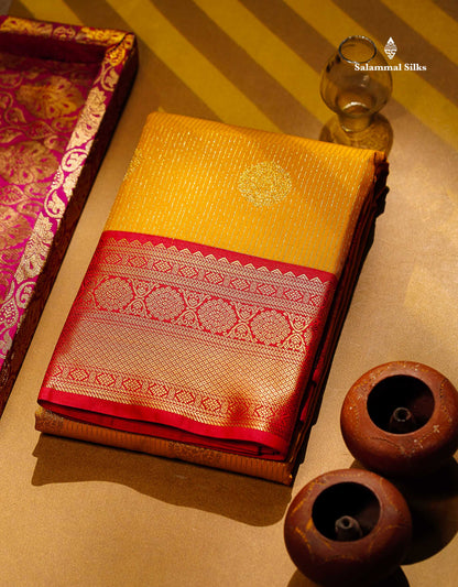 Semi Silk Saree - Mustard Yellow Butta With Lines Along With Contrast Redish Pink Traditional Border
