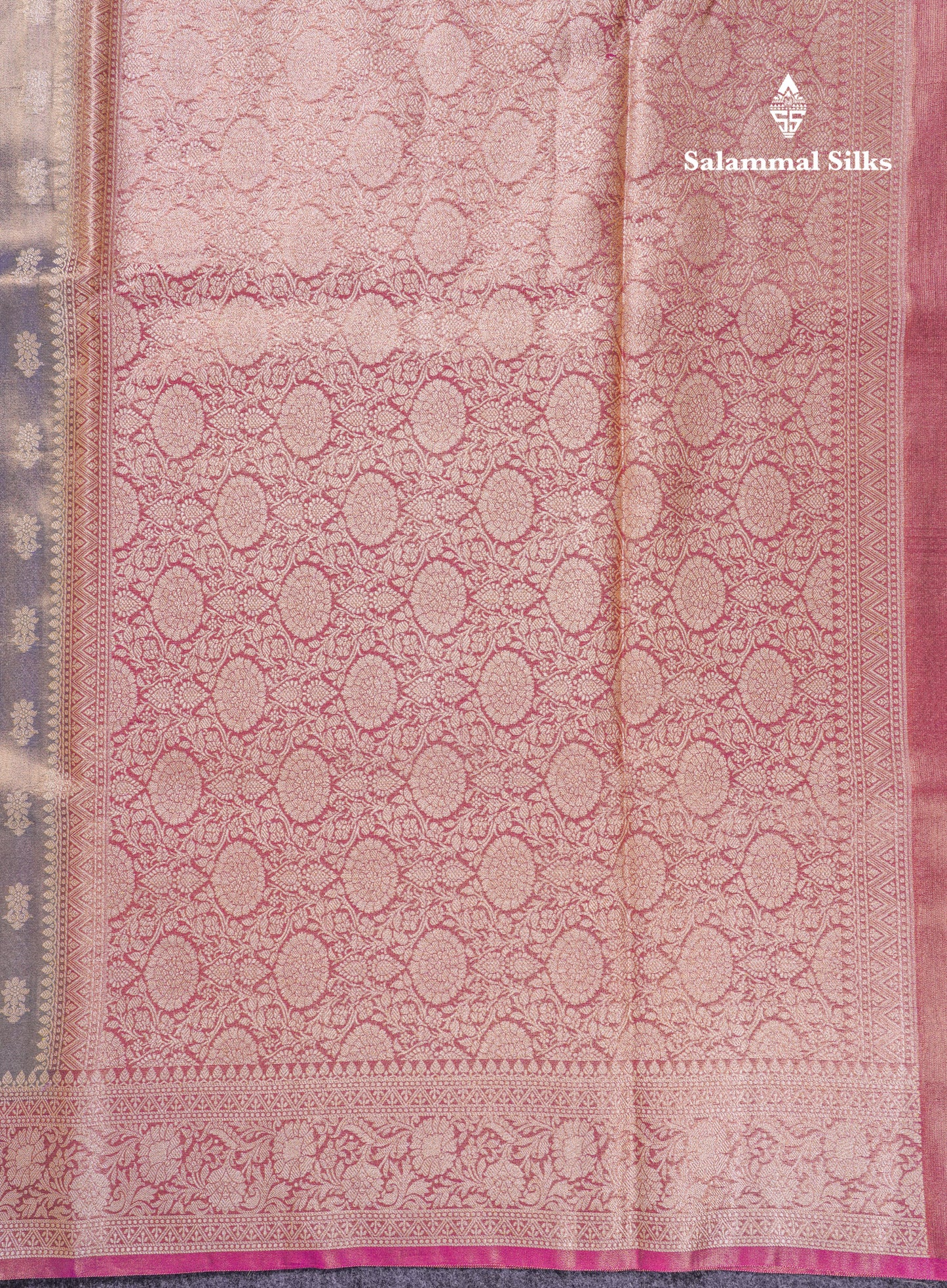Beautiful Cream Pink Tissue Silk Mix Fancy Saree With Violet Border
