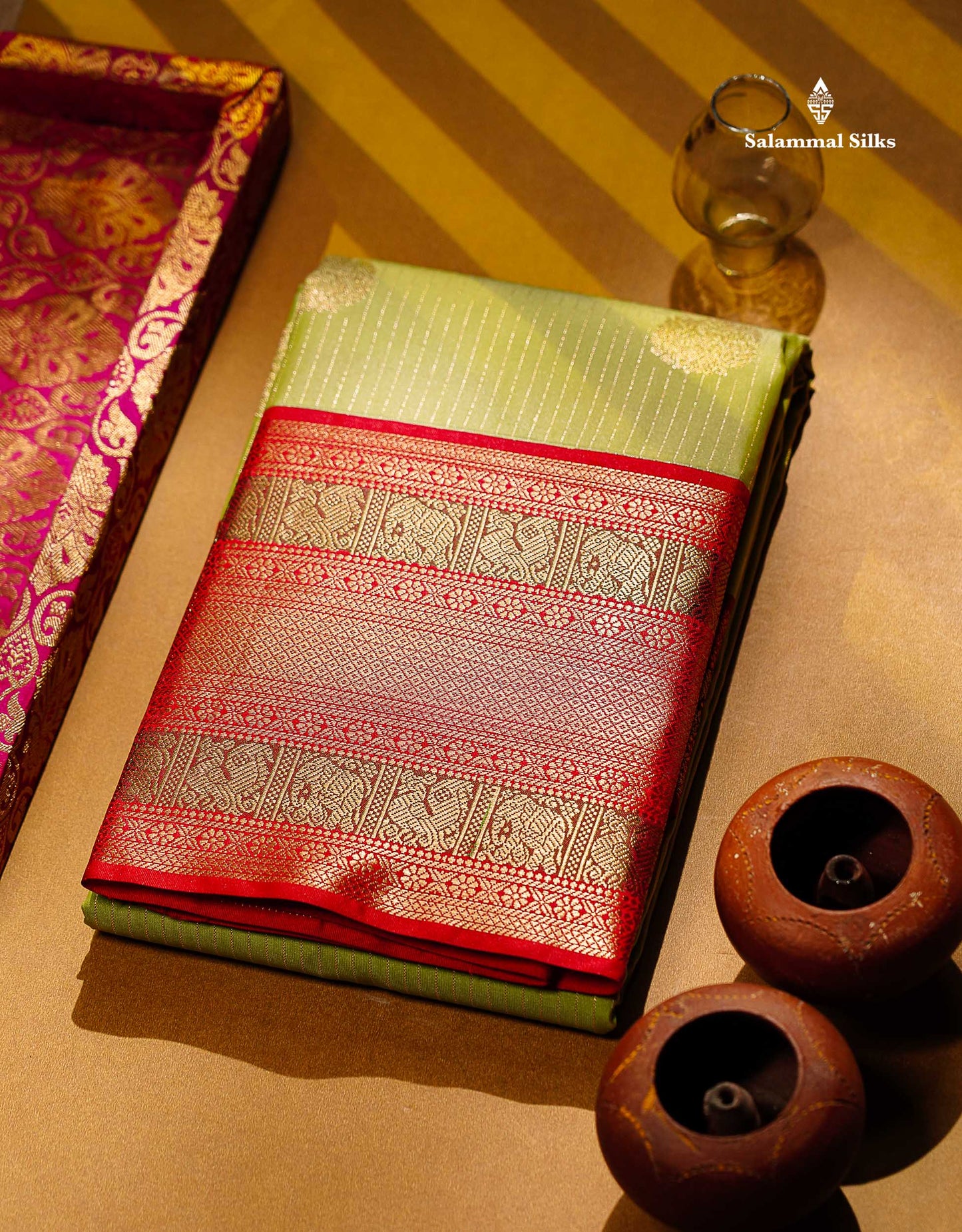 Semi Silk Saree -  Pista Green Zari Lines Butta With Contrast Redish Pink Traditional Evening Morning Border