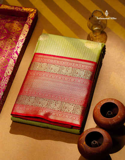Semi Silk Saree -  Pista Green Zari Lines Butta With Contrast Redish Pink Traditional Evening Morning Border