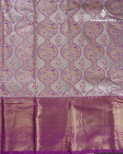 Beautiful Silver Tissue Menakari Work Bridal Semi Silk Saree With Contrast Dark Purple Traditional Evening Morning Border
