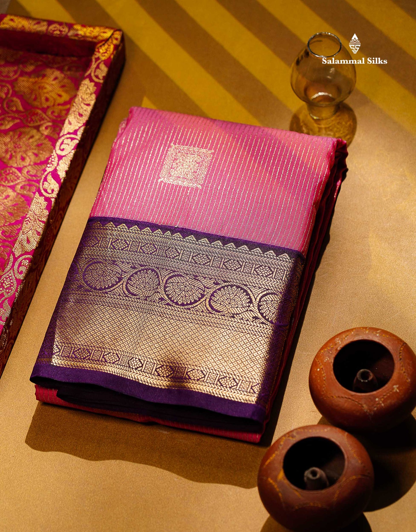Semi Silk Saree - Light Pink Butta With Lines Along With Contrast Dark Purple Border