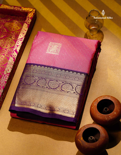 Semi Silk Saree - Light Pink Butta With Lines Along With Contrast Dark Purple Border