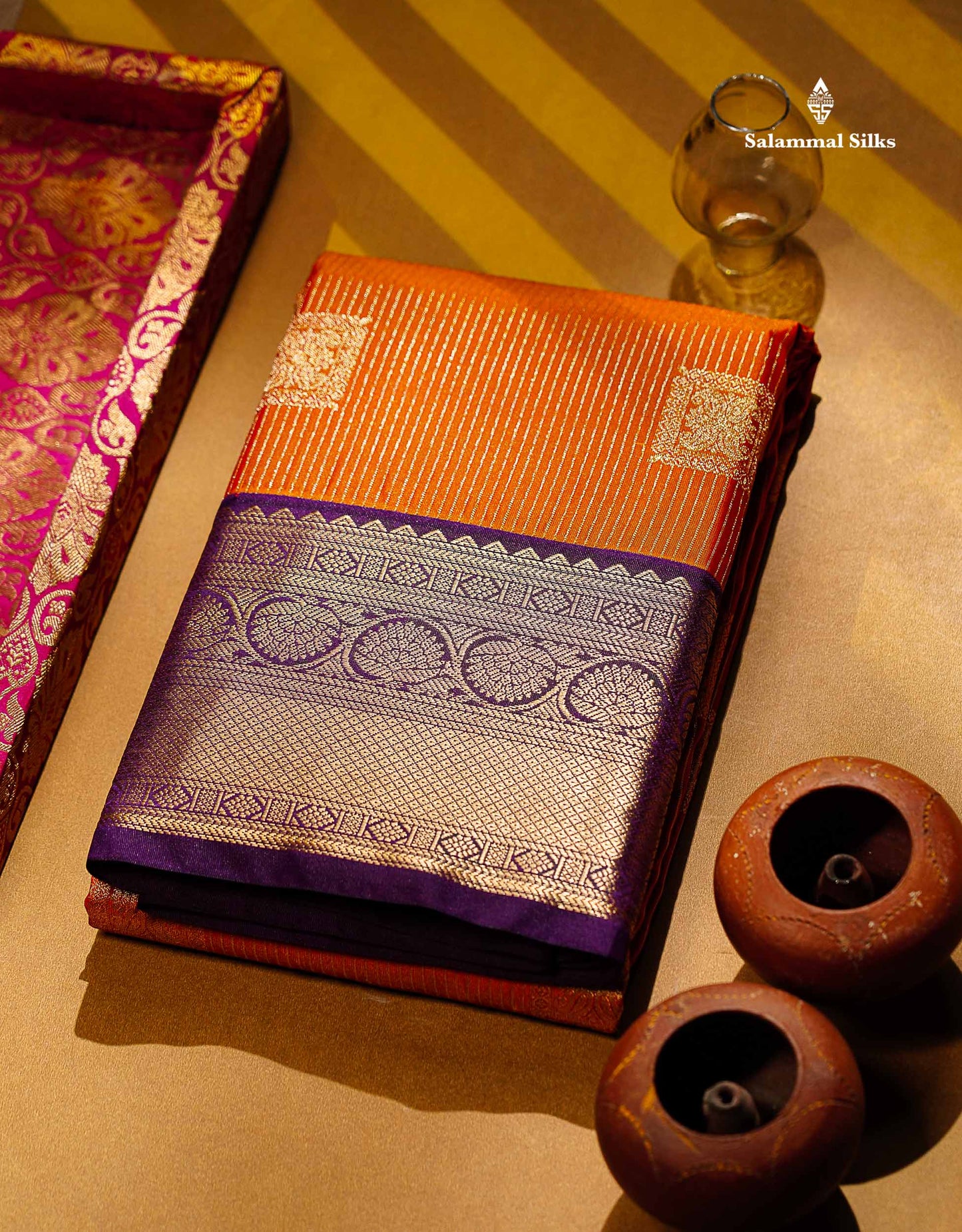 Semi Silk Saree - Orange Butta With Lines Along With Contrast Dark Purple Border