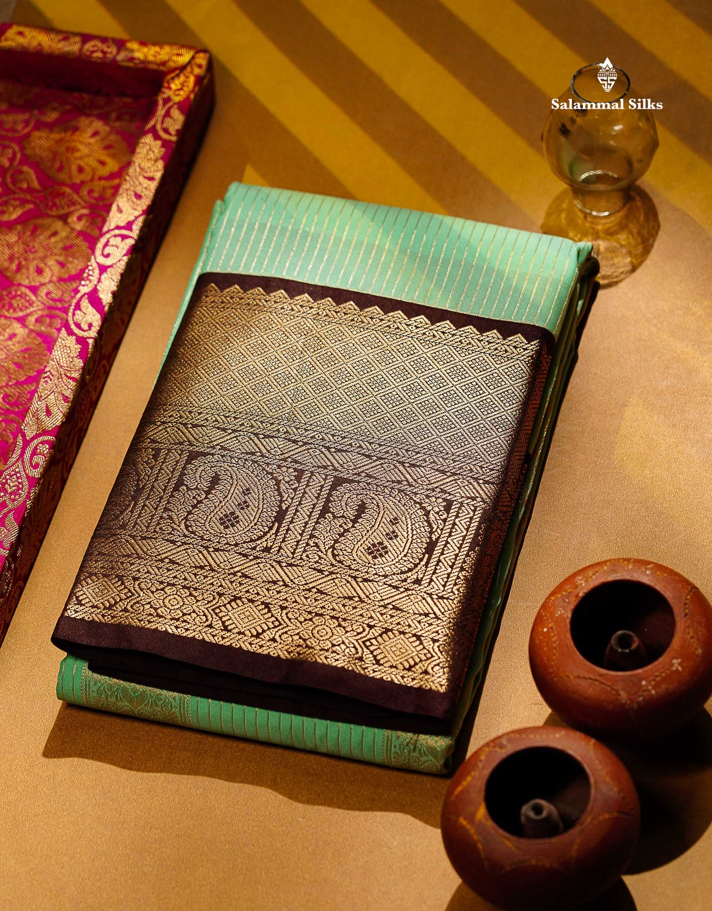 Semi Silk Saree - Yellow Butta With Lines Along With Contrast Redish Pink Traditional Evening Morning Border