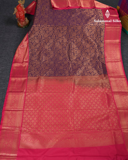 Beautiful Dark Violet Bridal Semi Silk Saree With Contrast Pink Traditional Border