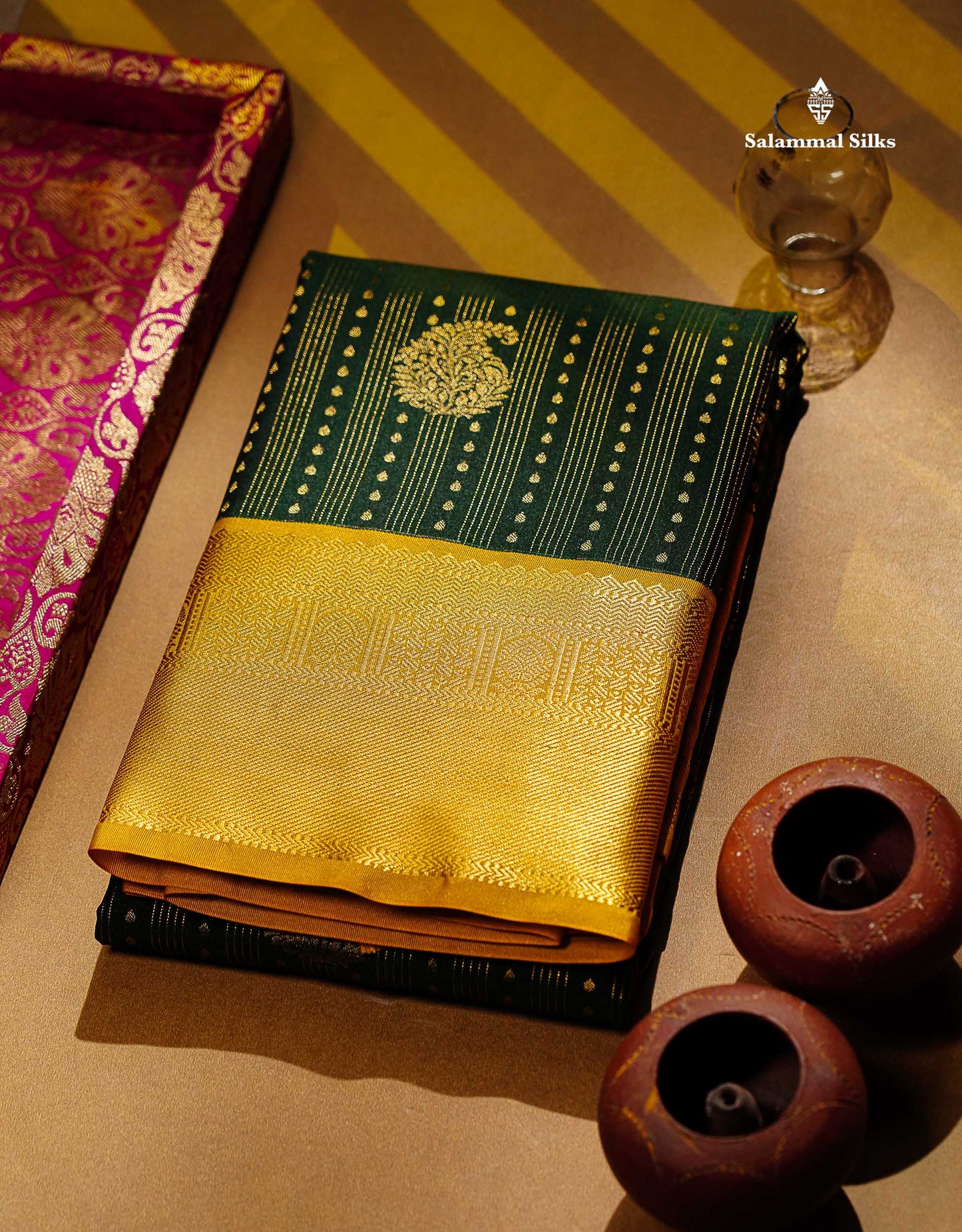Semi Silk Saree - Bottle Green Butta With Lines Along With Contrast Mustard Yellow Traditional Border