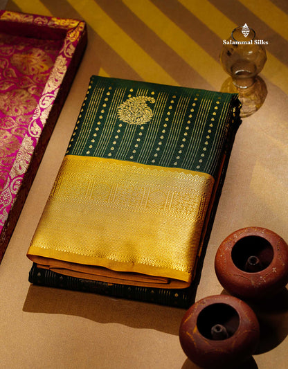 Semi Silk Saree - Bottle Green Butta With Lines Along With Contrast Mustard Yellow Traditional Border