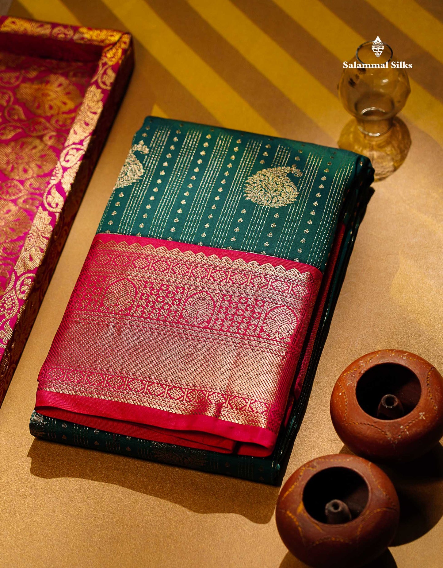 Semi Silk Saree - Bottle Green Butta With Lines Along With Contrast Mustard Yellow Traditional Border