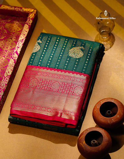 Semi Silk Saree - Bottle Green Butta With Lines Along With Contrast Mustard Yellow Traditional Border