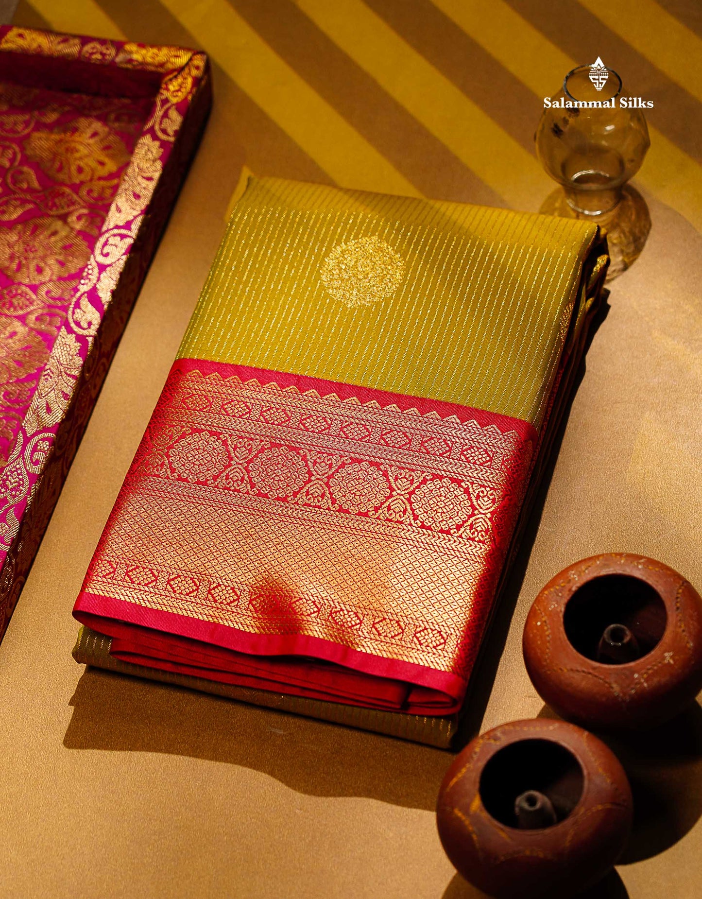 Semi Silk Saree - Mustard Yellow Butta With Lines Along With Contrast Redish Pink Traditional Border