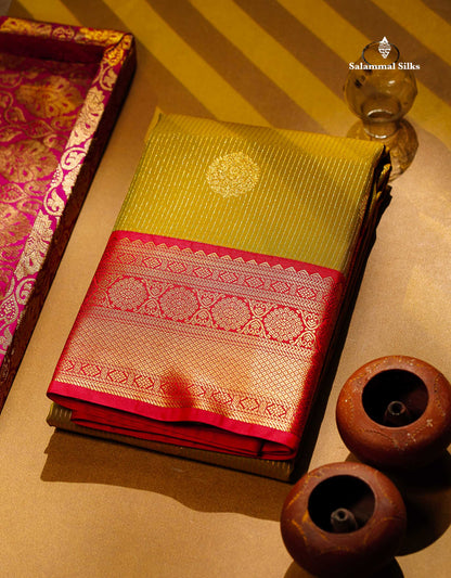 Semi Silk Saree - Mustard Yellow Butta With Lines Along With Contrast Redish Pink Traditional Border