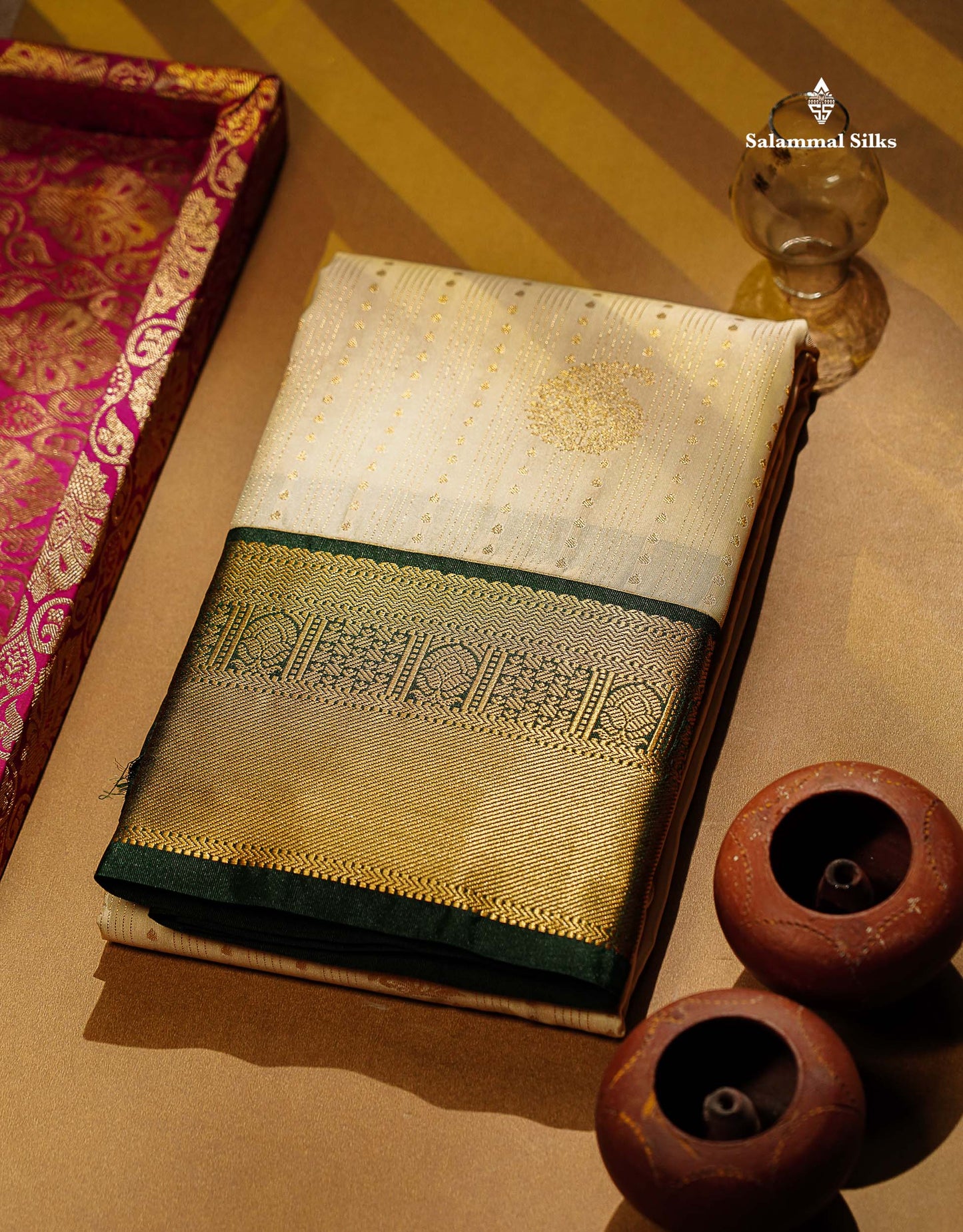 Semi Silk Saree - Bottle Green Butta With Lines Along With Contrast Mustard Yellow Traditional Border