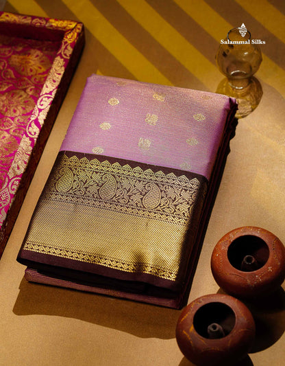 Semi Silk Saree - Light Lavender Traditional Buttas With Vaira Oosi Lines Along With Contrast Dark Brown Border