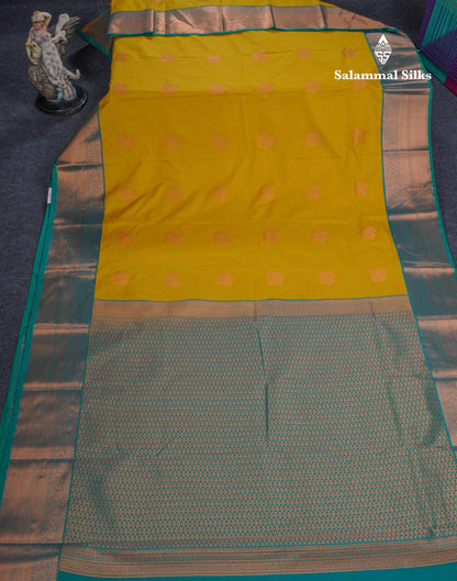 Yellow Beautiful Semi Silk Saree With Contrast Sapphire Green Border