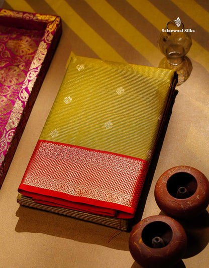 Semi Silk Saree - Mehandi Green Butta With Vaira Oosi Lines Along With Contrast Red Traditional Medium Border