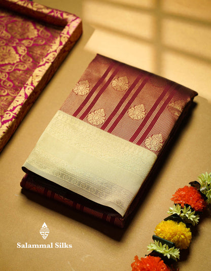 Beautiful Maroon Stripes And Buttas Semi Silk Saree With Tussar Colour Traditional Double Border