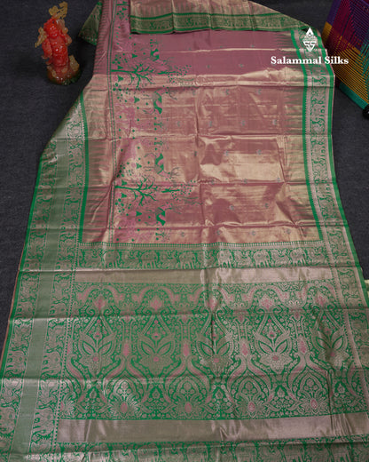 Beautiful Onion Pink Menakari Work Tissue Semi Silk Saree With Contrast Saffire Green Traditional Evening Morning Temple Border