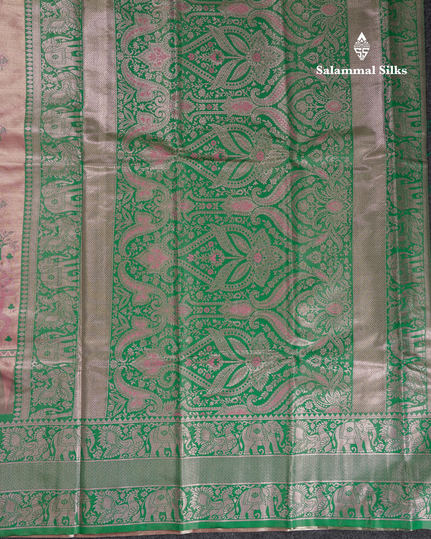 Beautiful Onion Pink Menakari Work Tissue Semi Silk Saree With Contrast Saffire Green Traditional Evening Morning Temple Border