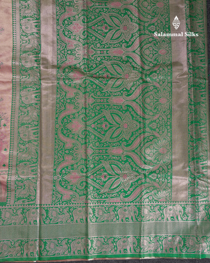 Beautiful Onion Pink Menakari Work Tissue Semi Silk Saree With Contrast Saffire Green Traditional Evening Morning Temple Border