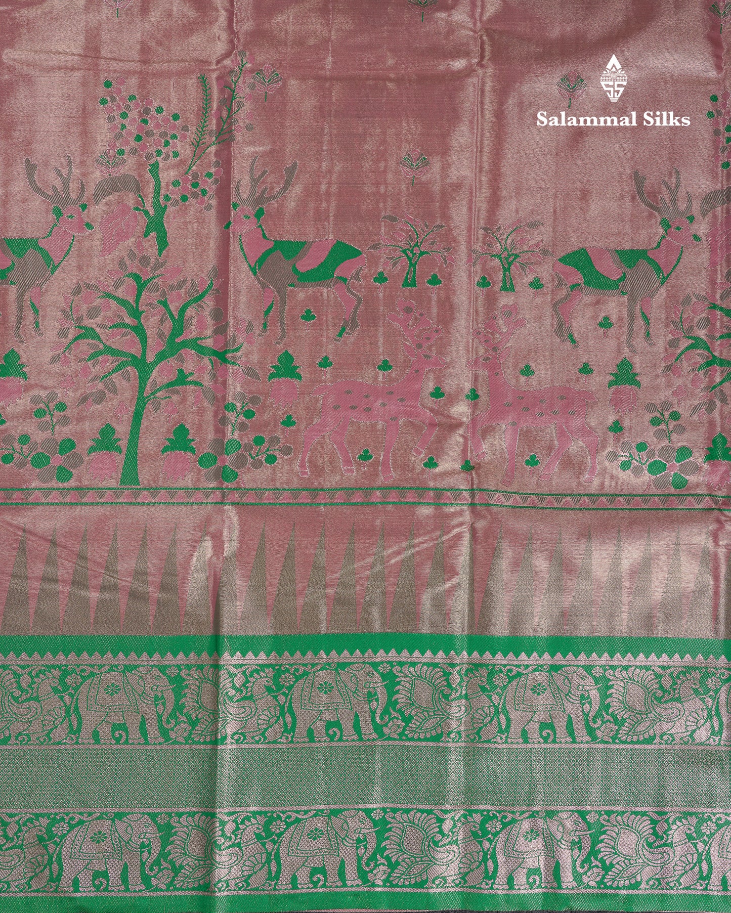 Beautiful Onion Pink Menakari Work Tissue Semi Silk Saree With Contrast Saffire Green Traditional Evening Morning Temple Border