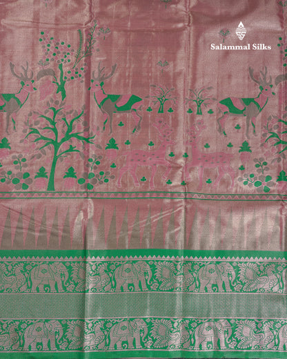Beautiful Onion Pink Menakari Work Tissue Semi Silk Saree With Contrast Saffire Green Traditional Evening Morning Temple Border