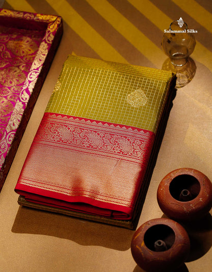 Semi Silk Saree - Light Rexona Green Butta With Small Checks Along With Contrast Pink Traditional Border